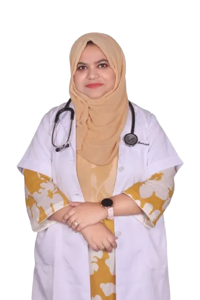 Dr. Marium Zaman in a white coat with a stethoscope